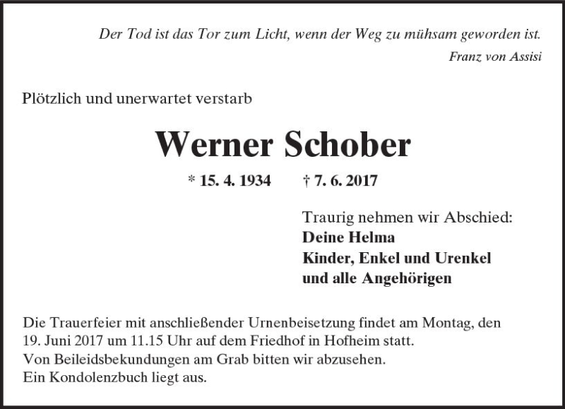  Traueranzeige für Werner Schober vom 17.06.2017 aus Trauerportal Echo Online