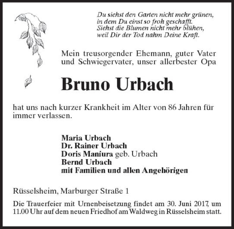  Traueranzeige für Bruno Urbach vom 24.06.2017 aus Trauerportal Rhein Main Presse