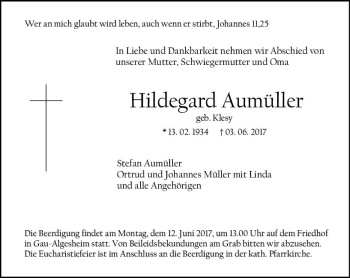 Traueranzeige von Hildegard Aumüller von Trauerportal Rhein Main Presse