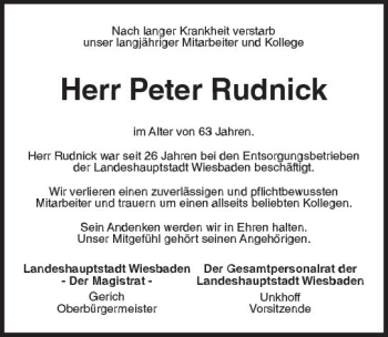 Traueranzeige von Peter Rudnick von Trauerportal Rhein Main Presse