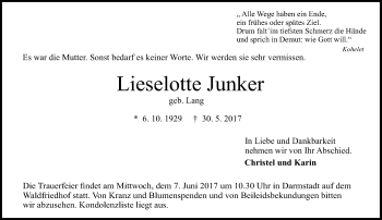 Traueranzeige von Lieselotte Junker von Trauerportal Echo Online