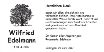 Traueranzeige von Wilfried Edelmann von  Kreisanzeiger