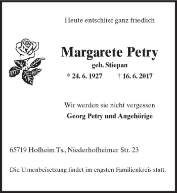 Traueranzeige von Margarete Petry von Trauerportal Rhein Main Presse