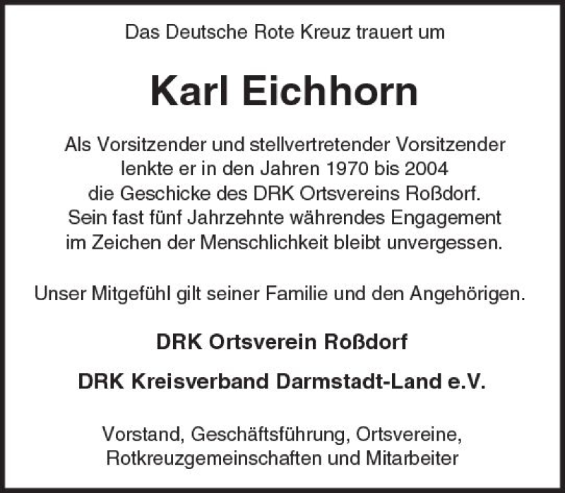  Traueranzeige für Karl Eichhorn vom 24.06.2017 aus Trauerportal Echo Online