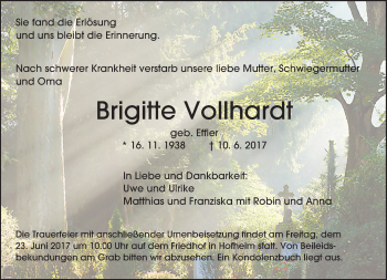 Traueranzeige von Brigitte Vollhardt von Trauerportal Echo Online