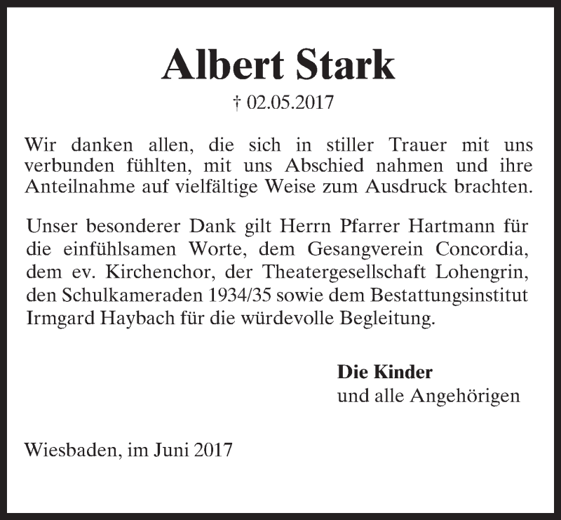  Traueranzeige für Albert Stark vom 03.06.2017 aus Trauerportal Rhein Main Presse