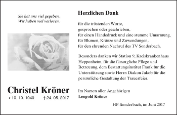 Traueranzeige von Christel Kröner von Trauerportal Echo Online