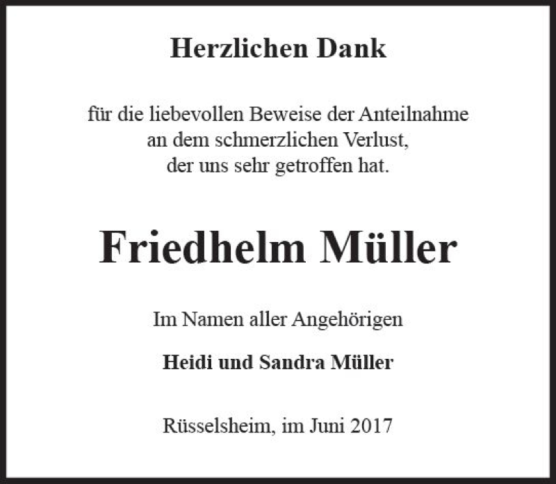  Traueranzeige für Friedhelm Müller vom 10.06.2017 aus Trauerportal Rhein Main Presse