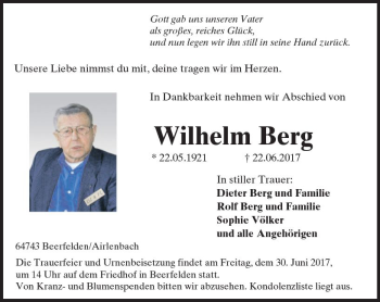Traueranzeige von Wilhelm Berg von Trauerportal Echo Online