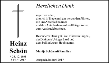 Traueranzeige von Heinz Schön von  Usinger Anzeiger