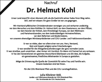 Traueranzeige von Helmut Kohl von Trauerportal Rhein Main Presse