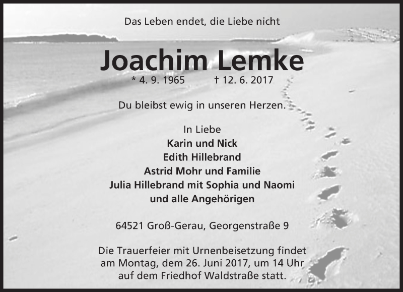  Traueranzeige für Joachim Lemke vom 21.06.2017 aus Trauerportal Echo Online