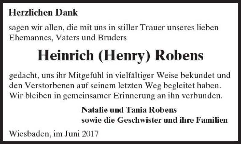  Traueranzeige für Heinrich Robens vom 10.06.2017 aus Trauerportal Rhein Main Presse