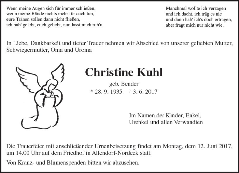  Traueranzeige für Christine Kuhl vom 10.06.2017 aus  Gießener Anzeiger
