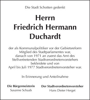 Traueranzeige von Friedrich Hermann Duchardt von  Kreisanzeiger