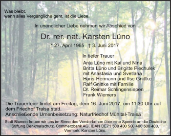 Traueranzeige von Karsten Lüno von Trauerportal Echo Online