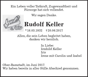 Traueranzeige von Rudolf Keller von Trauerportal Echo Online