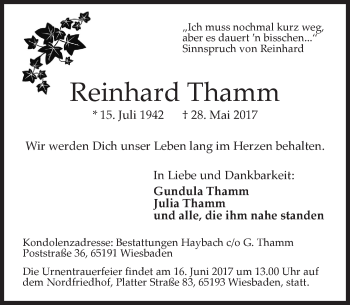 Traueranzeige von Reinhard Thamm von Trauerportal Rhein Main Presse
