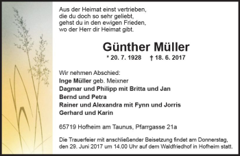Traueranzeige von Günther Müller von Trauerportal Rhein Main Presse