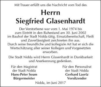Traueranzeige von Siegfried Glasenhardt von  Kreisanzeiger