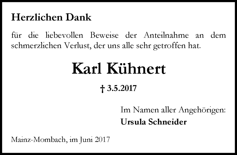  Traueranzeige für Karl Kühnert vom 03.06.2017 aus Trauerportal Rhein Main Presse