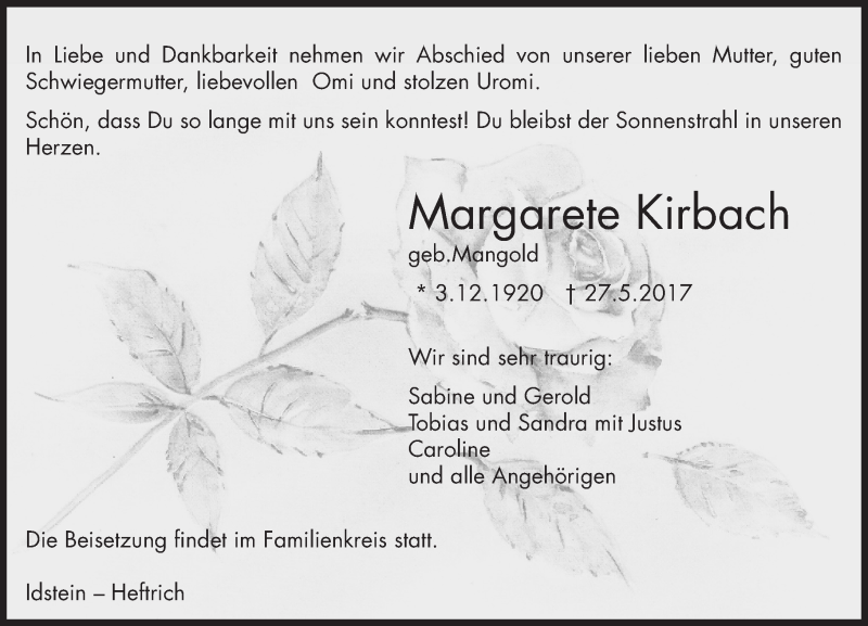  Traueranzeige für Margarete Kirbach vom 03.06.2017 aus Trauerportal Rhein Main Presse