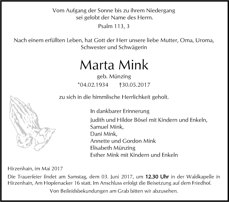  Traueranzeige für Marta Mink vom 02.06.2017 aus  Kreisanzeiger