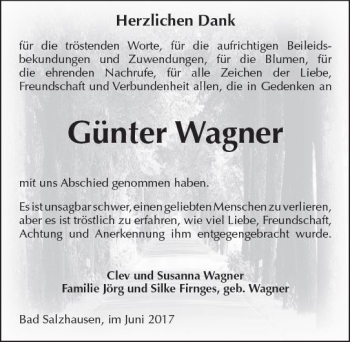 Traueranzeige von Günter Wagner von  Kreisanzeiger