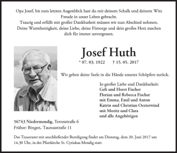 Traueranzeige von Josef Huth von Trauerportal Rhein Main Presse