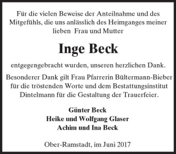 Traueranzeige von Inge Beck von Trauerportal Echo Online
