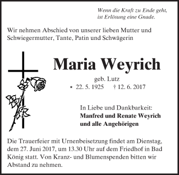 Traueranzeige von Maria Weyrich von Trauerportal Echo Online