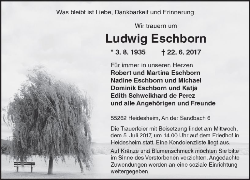  Traueranzeige für Ludwig Eschborn vom 29.06.2017 aus Trauerportal Rhein Main Presse