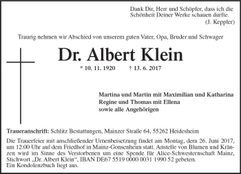 Traueranzeige von Albert Klein von Trauerportal Rhein Main Presse
