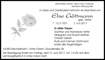 Traueranzeige von Else Göttmann von Trauerportal Echo Online