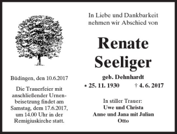 Traueranzeige von Renate Seeliger von  Kreisanzeiger