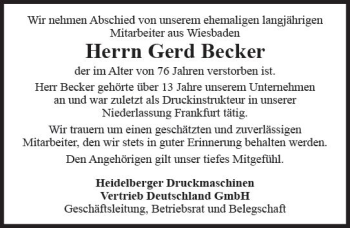 Traueranzeige von Gerd Becker von Trauerportal Rhein Main Presse