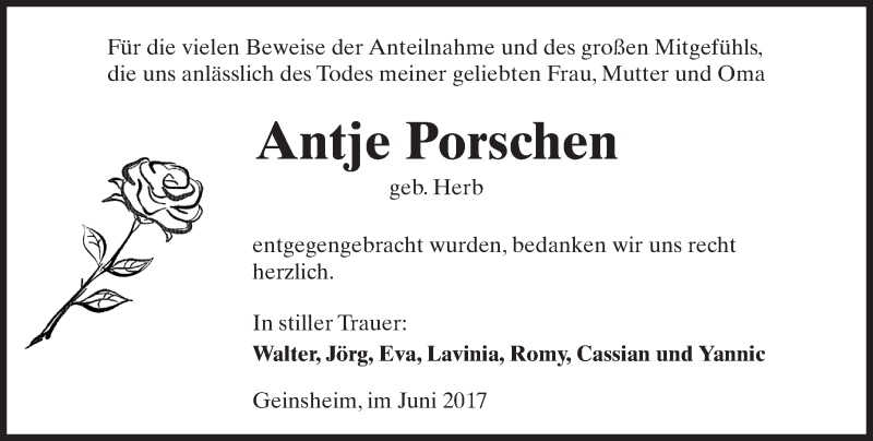  Traueranzeige für Antje Porschen vom 03.06.2017 aus Trauerportal Echo Online