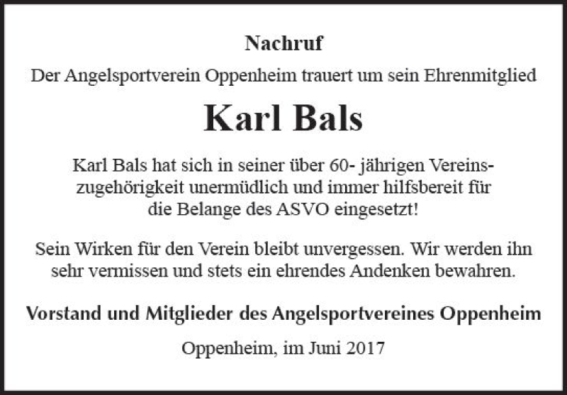  Traueranzeige für Karl Bals vom 28.06.2017 aus Trauerportal Rhein Main Presse