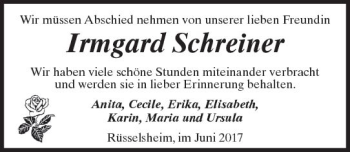 Traueranzeige von Irmgard Schreiner von Trauerportal Rhein Main Presse
