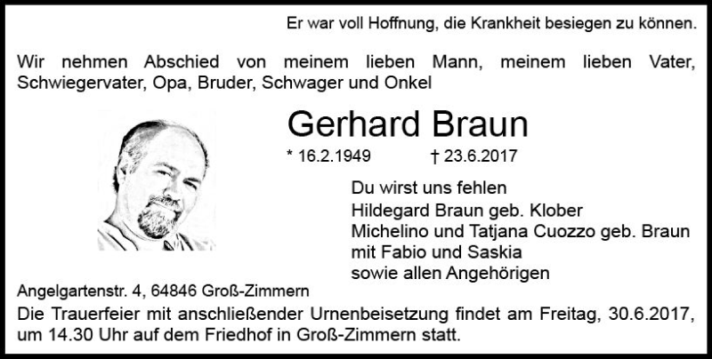  Traueranzeige für Gerhard Braun vom 28.06.2017 aus Trauerportal Echo Online