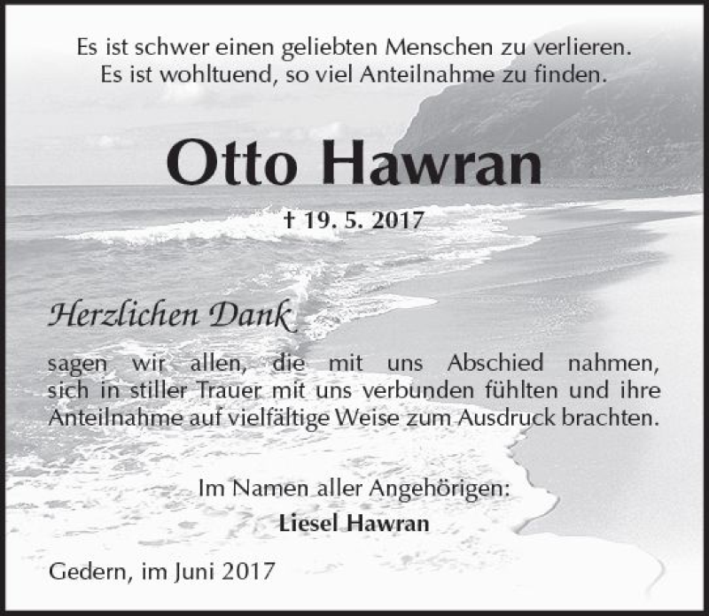  Traueranzeige für Otto Hawran vom 17.06.2017 aus  Kreisanzeiger