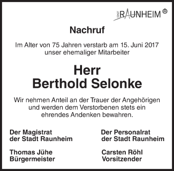Traueranzeige von Berthold Selonke von Trauerportal Rhein Main Presse