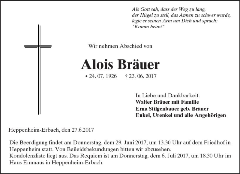  Traueranzeige für Alois Bräuer vom 27.06.2017 aus Trauerportal Echo Online