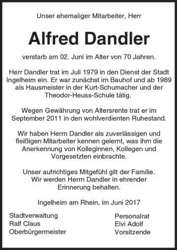Traueranzeige von Alfred Dandler von Trauerportal Rhein Main Presse