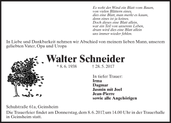 Traueranzeige von Walter Schneider von Trauerportal Echo Online