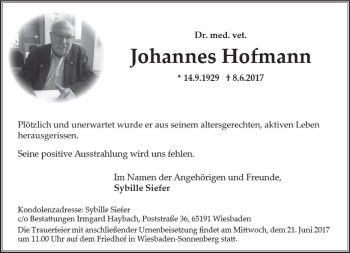 Traueranzeige von Johannes Hofmann von Trauerportal Rhein Main Presse