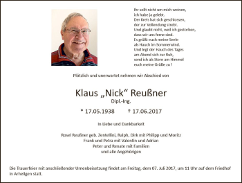 Traueranzeige von Klaus Reußner von Trauerportal Echo Online