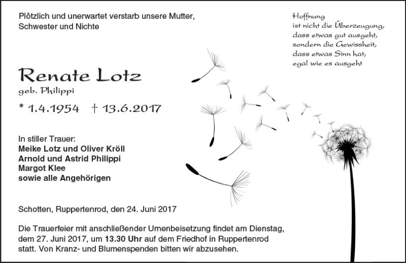  Traueranzeige für Renate Lotz vom 24.06.2017 aus  Gießener Anzeiger