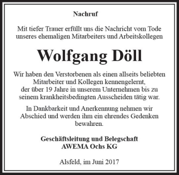 Traueranzeige von Wolfgang Döll von VRM Trauer