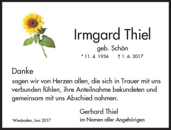 Traueranzeige von Irmgard Thiel von Trauerportal Rhein Main Presse